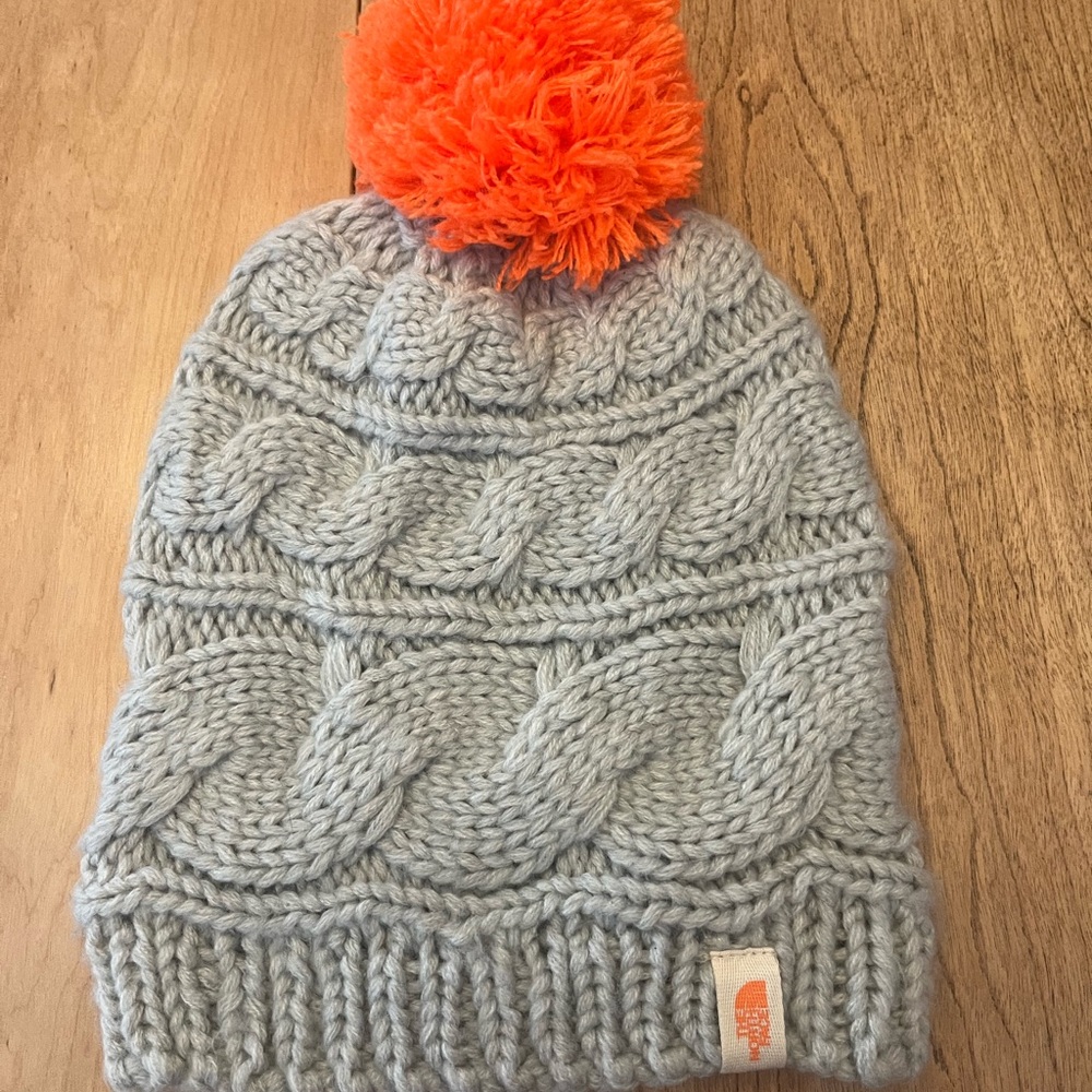 Gray Knit Beanie with Orange Pom Pom